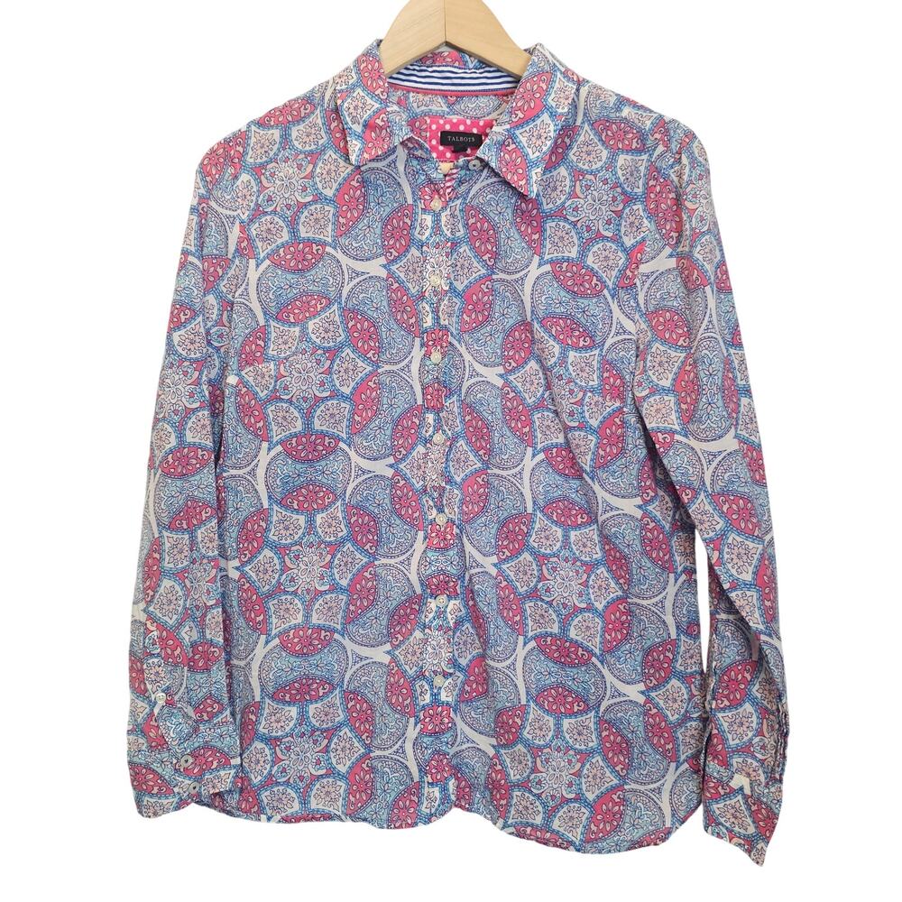 Talbots Pink and Blue Floral Garden Long Sleeve Button Down Top Size‎ Medium
